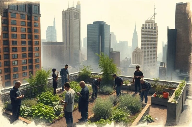 Jardín comunitario en una azotea de la ciudad, con personas de diversas edades cultivando plantas y rascacielos al fondo, simbolizando la esperanza y el crecimiento.