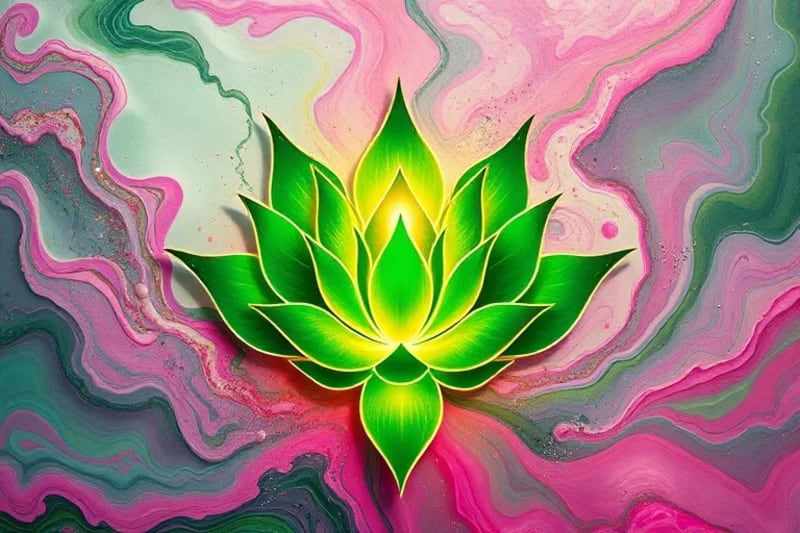 Pintura digital de un símbolo de chakra del corazón (Anahata) rodeado de patrones de energía limpiadora en tonos verdes y rosas