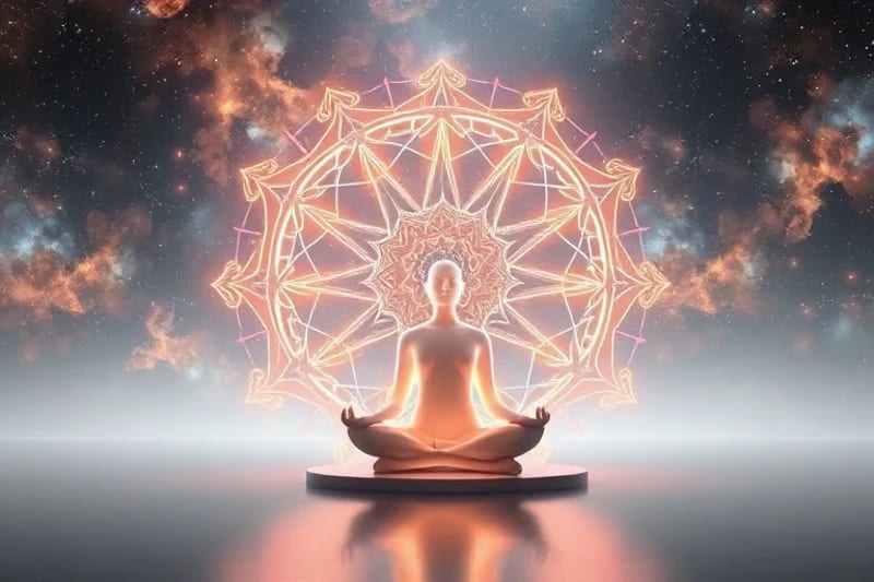 Render 3D de un espacio sereno y minimalista con una figura translúcida meditando, rodeada de patrones geométricos de luz que forman un aura armonizada