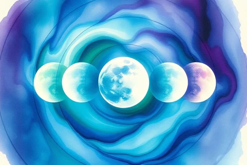 Abstract watercolor depiction of moon phases blending with calm and vibrant emotional colors, representing emotional balance and inner peace.