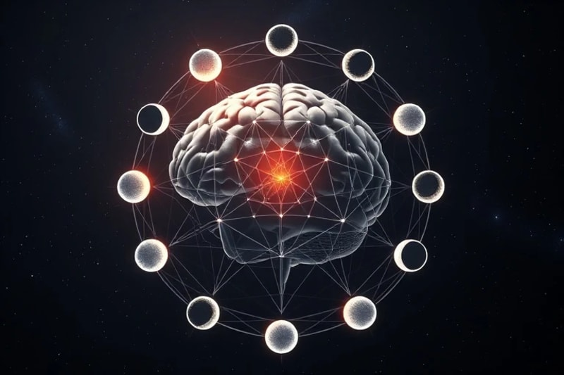 Stylized 3D render of a glowing human brain connected to orbiting miniature moon phases by light tendrils, symbolizing inner harmony and cosmic alignment.
