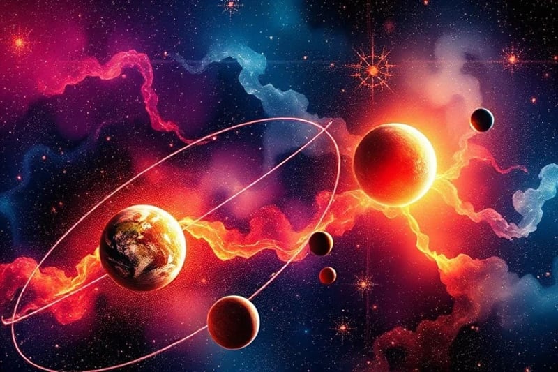 Pintura digital de planetas estilizados orbitando la Tierra, con líneas de energía conectando a símbolos meteorológicos