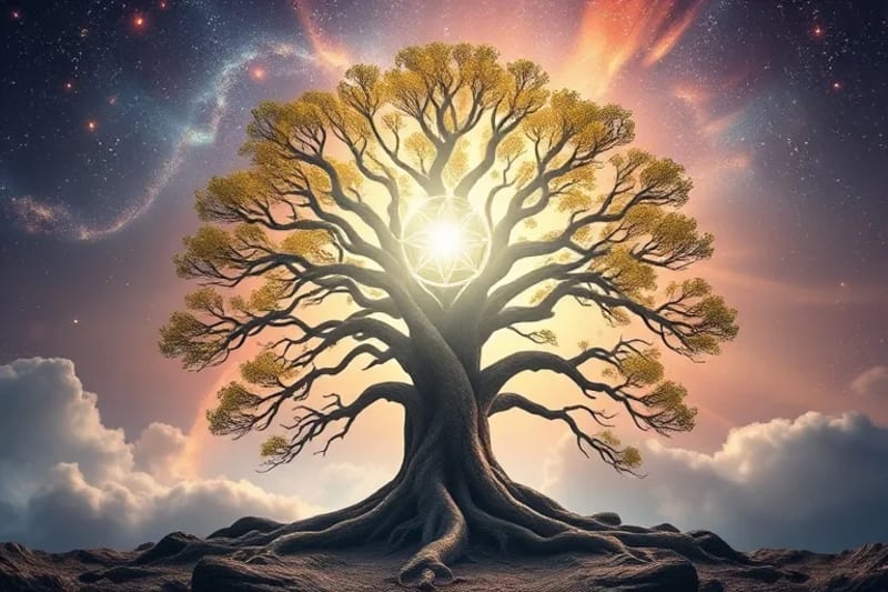 Render 3D conceptual de un árbol antiguo como conducto entre la luz cósmica y la Tierra, con raíces que conectan a partículas cuánticas y ramas hacia símbolos astrológicos