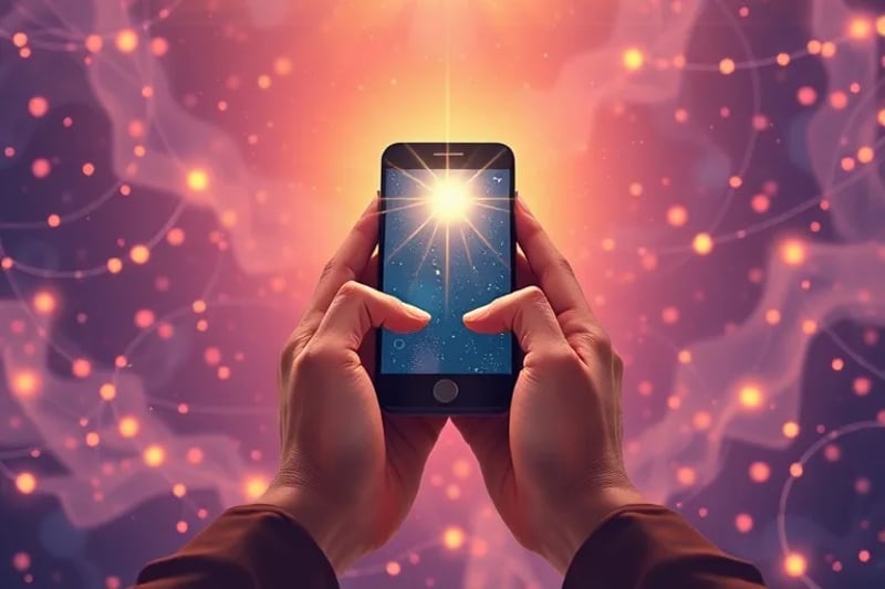 Manos sosteniendo un teléfono inteligente, con flujos de datos digitales y una luz etérea que representa la búsqueda de la verdad y el discernimiento espiritual.