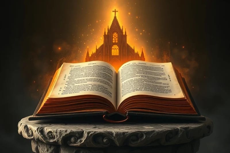 Un libro antiguo abierto con símbolos luminosos que se elevan, fusionándose con la silueta de un edificio sagrado, evocando la sabiduría ancestral frente a la complejidad moderna.