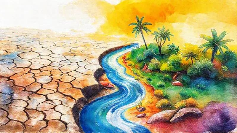 Pintura acuarela que representa un paisaje árido y un oasis, simbolizando la escasez y el valor del agua.