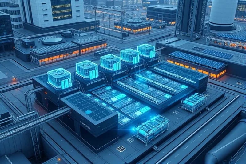 Render 3D de una planta de tratamiento de agua futurista, con tecnología avanzada y paneles solares.