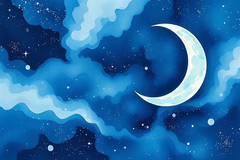 Representación abstracta de emociones fluidas y la intuición, con una luna creciente emergiendo de los colores.