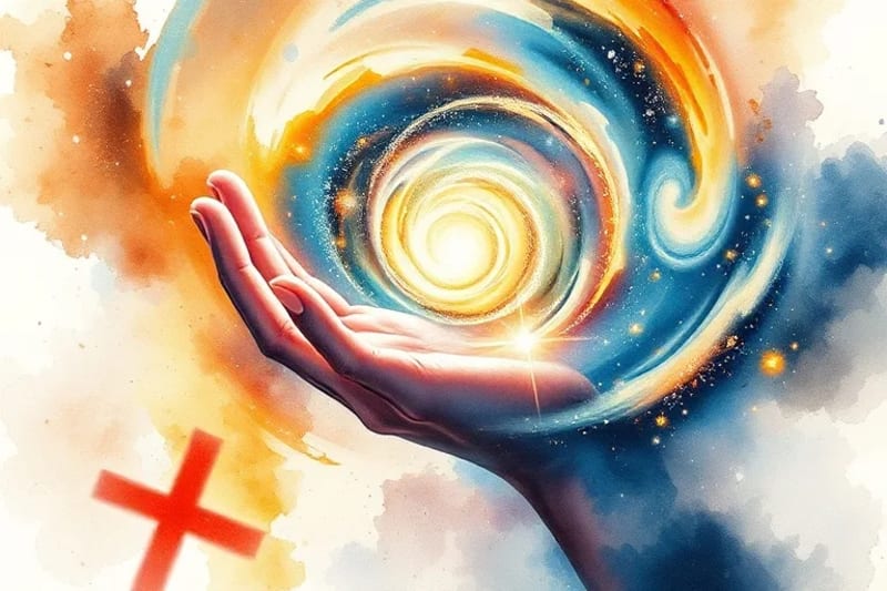 Mano divina creando una galaxia con luz y energía