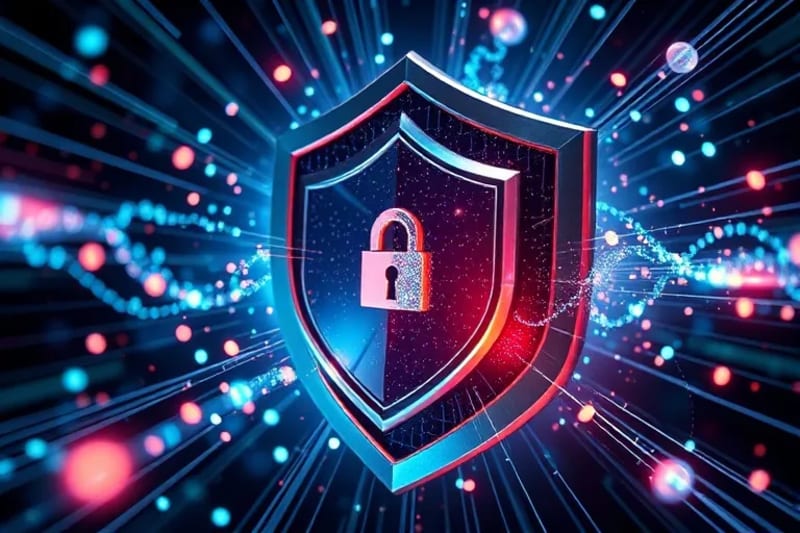 Abstract geometric shapes forming a protective shield around digital data, with chaotic quantum particles attempting to penetrate.
