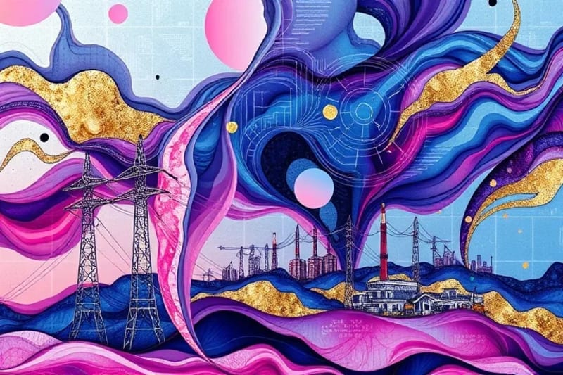 Stylized vector art of critical infrastructure elements interconnected by a secure, multi-layered network with abstract PQC patterns.