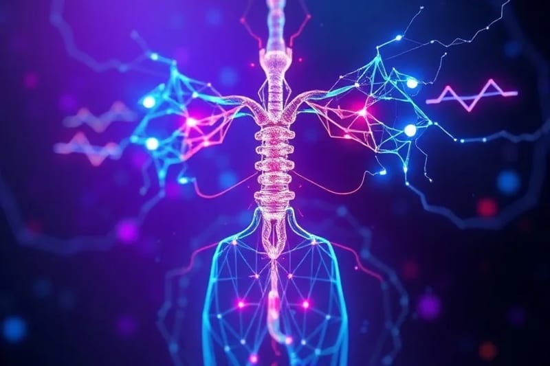 Abstract 3D render of the human endocrine system with glowing pathways and geometric hormone shapes
