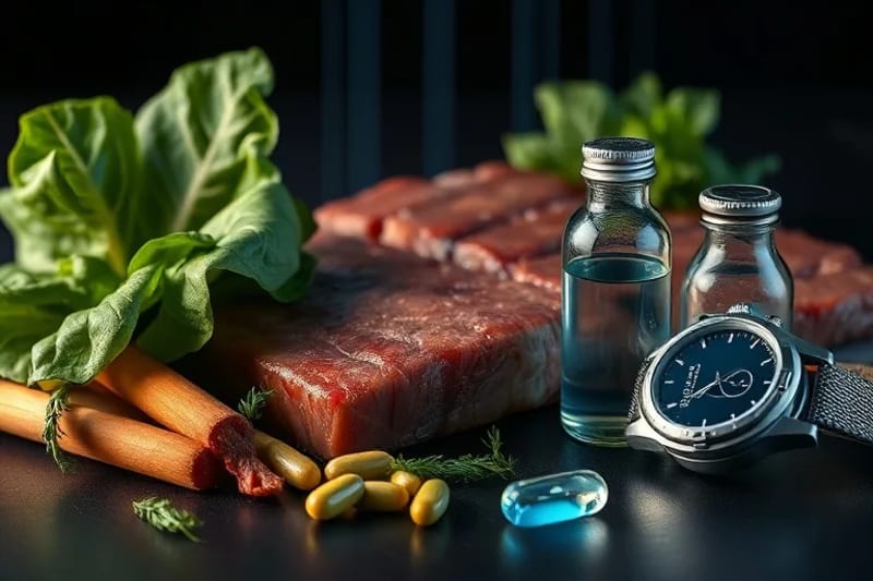 Macro photography of organic elements: green leaf, meat, supplement vial, and sleep tracker