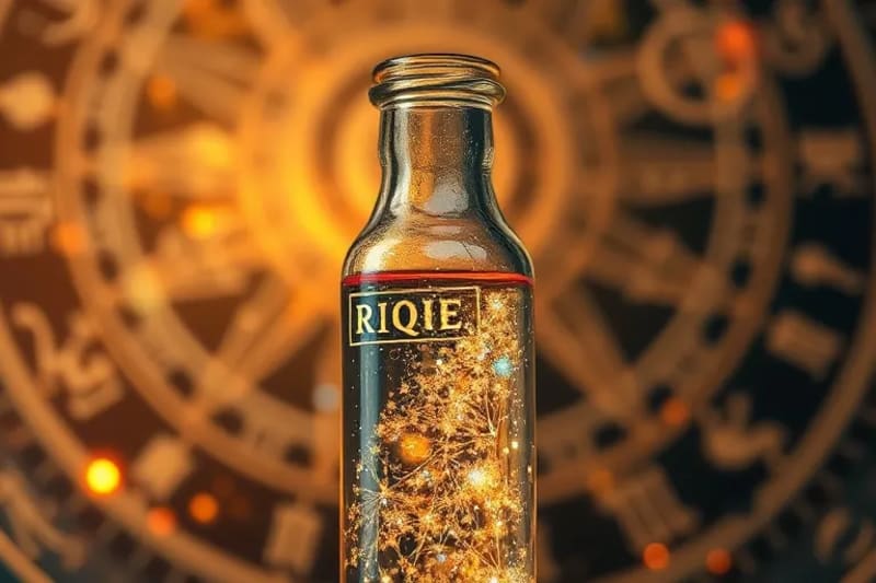 Primer plano de un vial de elixir con elementos botánicos y símbolos astrológicos difuminados