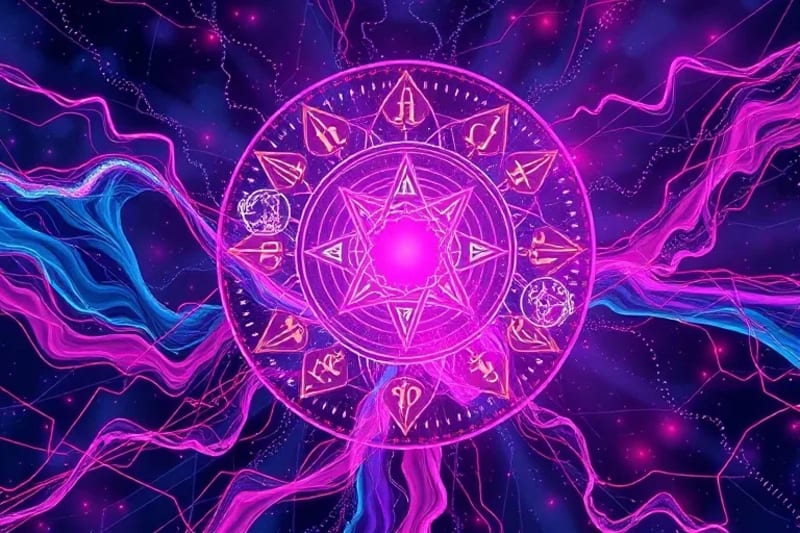 Abstract digital painting showing data streams and neural networks merging with tarot cards and runic symbols.