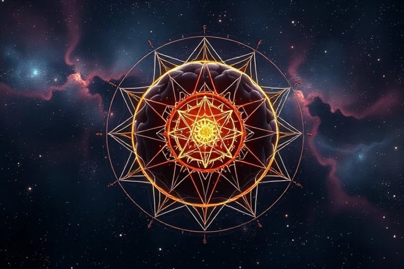 A 3D render of a glowing AI brain model holding an astrolabe against a cosmic background.