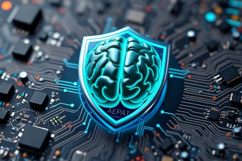 Escudo estilizado protegiendo un cerebro humano, rodeado de elementos digitales como flujos de datos.