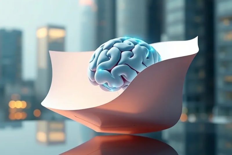 Documento legal detallado desplegándose alrededor de una representación holográfica de la mente humana.