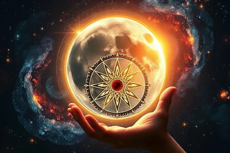 Representación digital de una luna eclipsada conectada a una mano que sostiene una rueda kármica, simbolizando la liberación emocional y la culminación de ciclos.