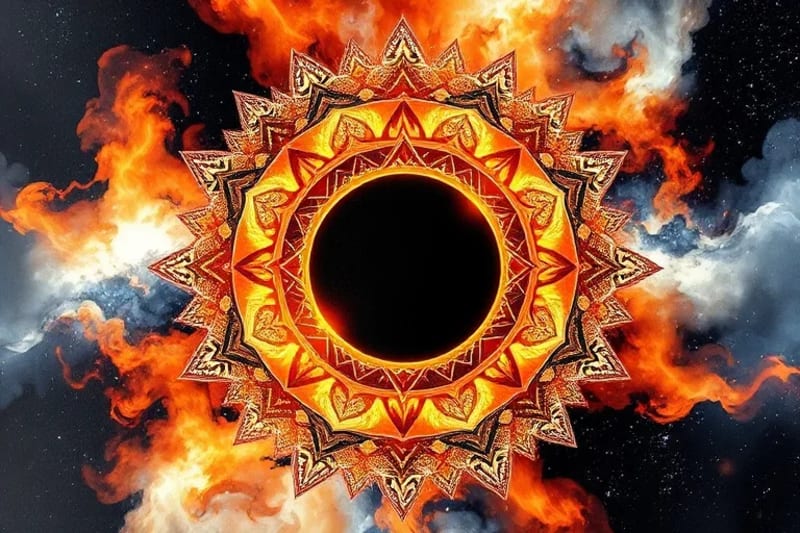 Pintura abstracta en acuarela que representa la energía de un eclipse solar, con tonos vibrantes y patrones que sugieren reestructuración kármica.