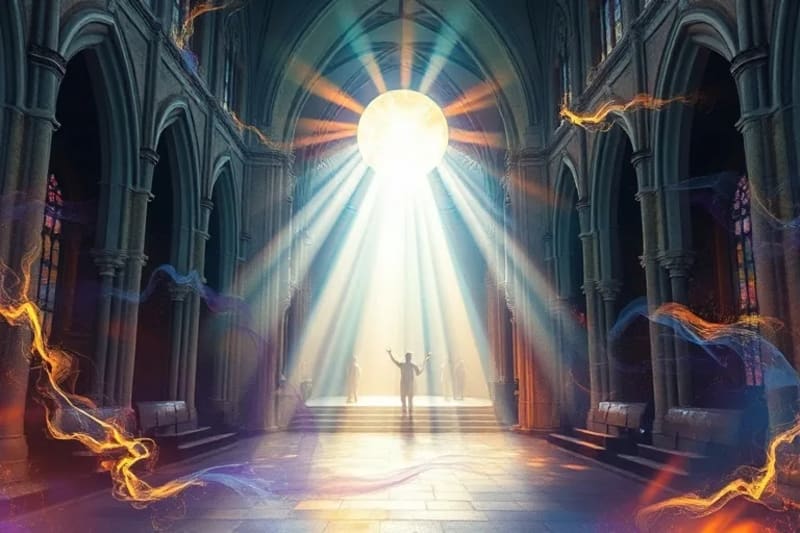 Pintura abstracta de luz y energía fluyendo hacia figuras humanas etéreas, simbolizando nutrición espiritual.