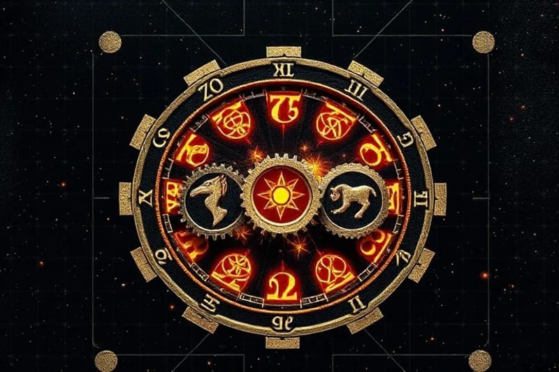 3D render of intricate gears mechanism with astrological symbols, representing complex chart interactions