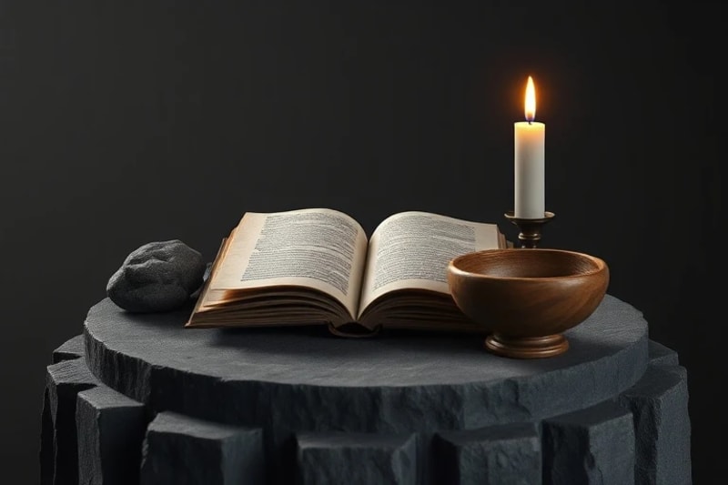 Bodegón 3D de un libro antiguo abierto, vela sin encender, piedra de río y cuenco de madera vacío, con iluminación dramática.
