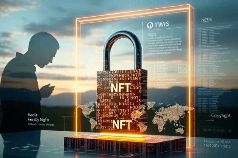 Símbolos de copyright y candados digitales protegiendo activos virtuales