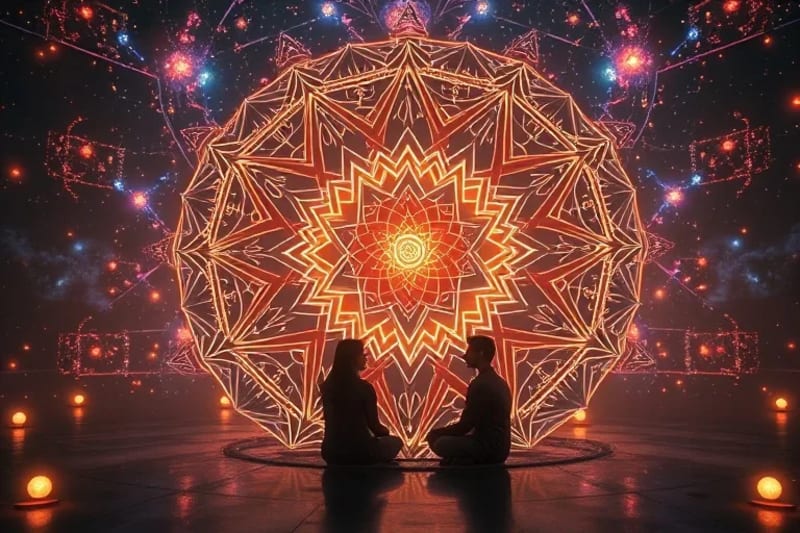 Espacio sereno y futurista similar a un templo donde los individuos se sumergen en experiencias personalizadas de constelaciones holográficas, guiados por IA.