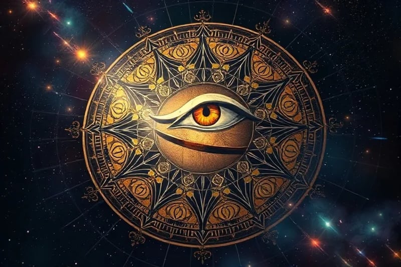 Esoteric symbols intertwined with geometric shapes on parchment