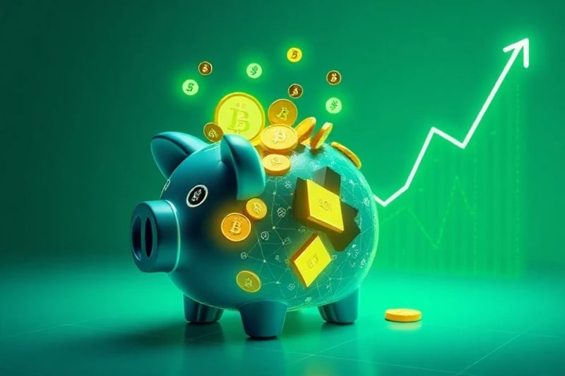 Una alcancía estilizada en arte vectorial, llena de tokens digitales brillantes y símbolos de criptomonedas, rodeada de elementos futuristas como contratos inteligentes y un gráfico de crecimiento ascendente. El fondo es minimalista y utiliza tonos verdes y azules.