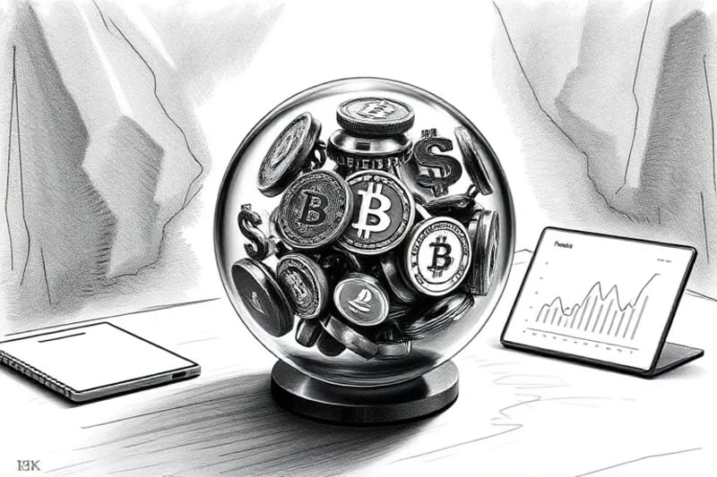 Una esfera transparente y multicapa en render 3D, que representa una cartera de inversión diversificada. Contiene símbolos de activos tradicionales y prominentes iconos de criptomonedas brillantes. Reposa sobre un escritorio minimalista con una interfaz digital que muestra proyecciones de crecimiento a largo plazo.