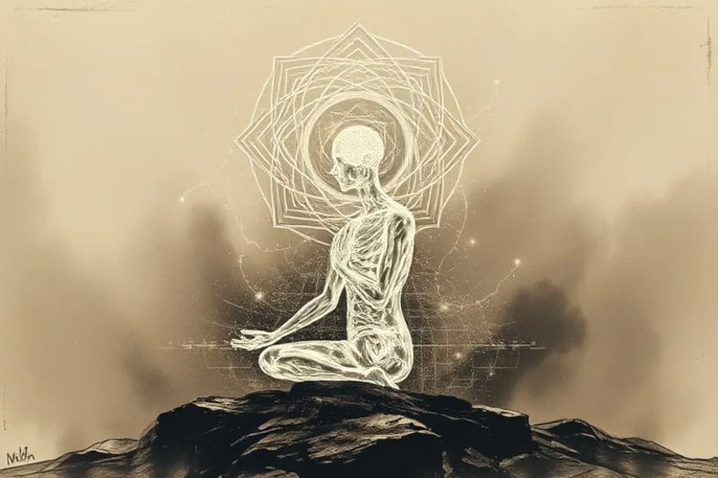 Silueta humana translúcida en pose meditativa, rodeada de patrones de luz y sonido, representando paz interior y regeneración.