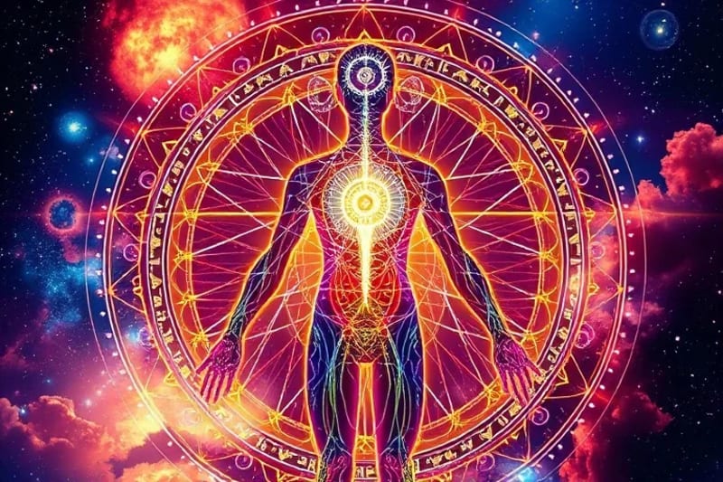 Diagrama de energía corporal con símbolos astrológicos y chakras