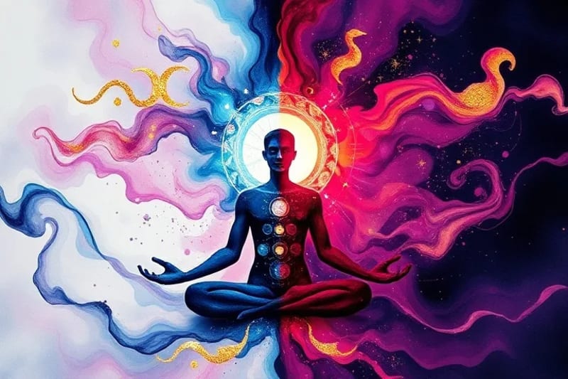 Abstract art showing a human figure surrounded by past life echoes and future paths, representing karmic unfolding.