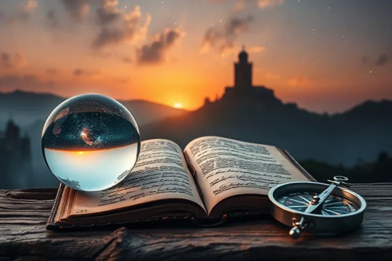 Conceptual still-life of an antique journal, crystal ball, and compass, symbolizing spiritual journey and destiny.