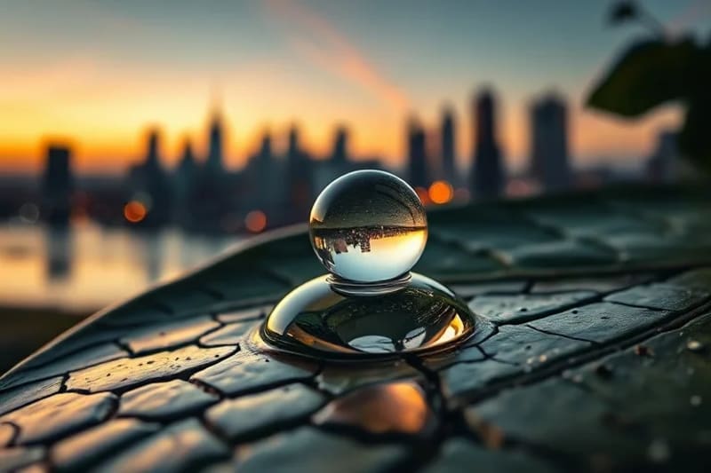 Gota de agua reflejando ciudad y desierto