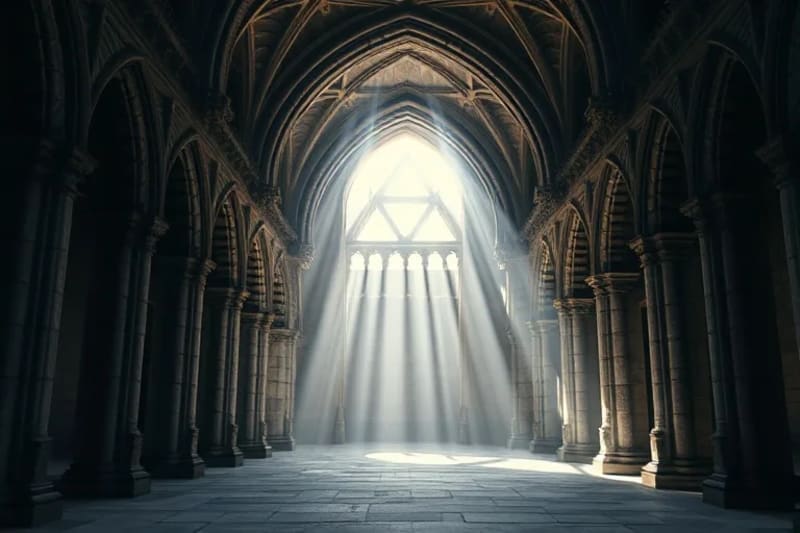 Render 3D de patrón geométrico sagrado integrado en arco gótico