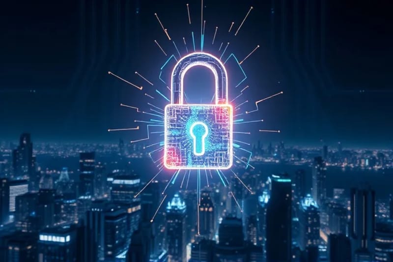 Candado cuántico protegiendo una ciudad digital