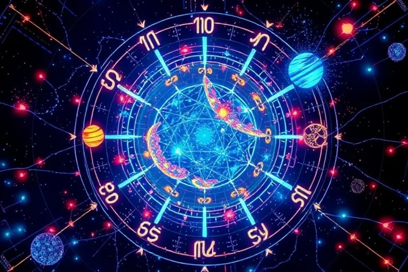 Digital painting of neural networks interwoven with planetary symbols and zodiac constellations