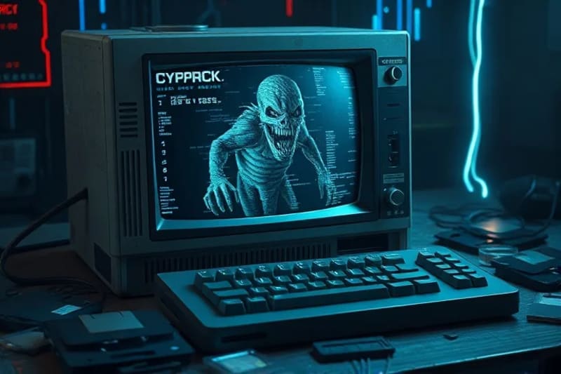 Vintage computer monitor displaying a glitching image, surrounded by old floppy disks and a keyboard. A glowing fiber optic cable connects to the monitor, evoking nostalgic mystery.