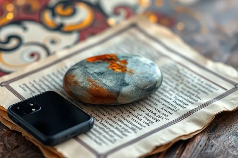 Una piedra de río lisa junto a un pergamino antiguo y un smartphone apagado, simbolizando la desconexión consciente
