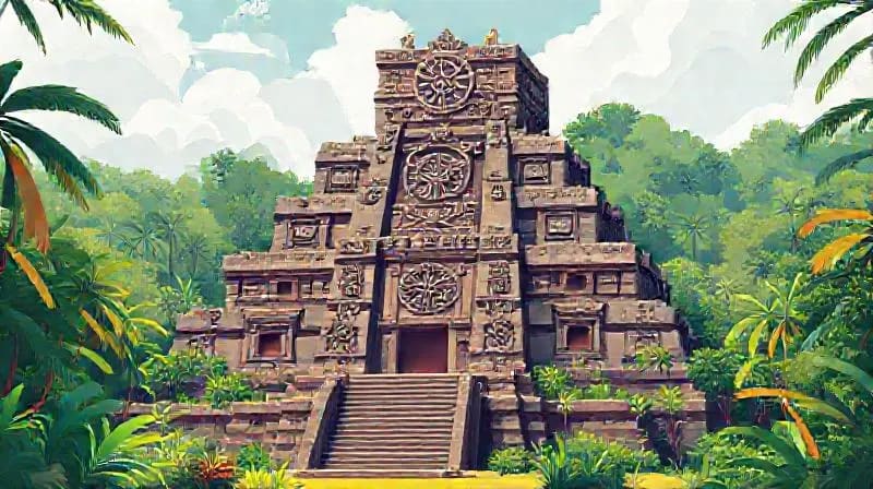 Ancient Mayan temple with astronomical carvings and glyphs, surrounded by jungle