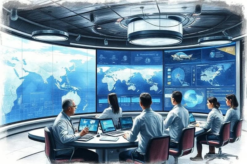 Futuristic control room with holographic ocean projection