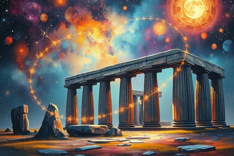 Abstract 3D render of cosmic patterns influencing ancient megalithic structures