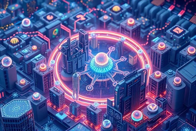 Representación abstracta de la inteligencia artificial procesando datos urbanos, con figuras humanas translúcidas interactuando con la red de información