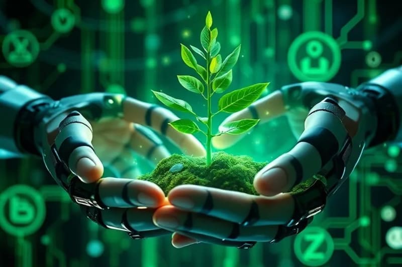 Manos sosteniendo un brote que emerge de circuitos digitales
