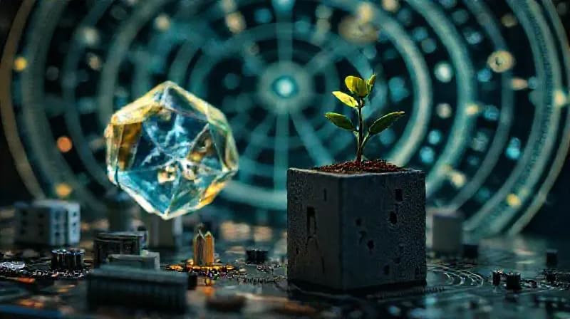 Bodegón conceptual con un dodecaedro de cristal, modelos arquitectónicos en miniatura, patrones de circuitos y un brote de planta, simbolizando el equilibrio y la interconexión