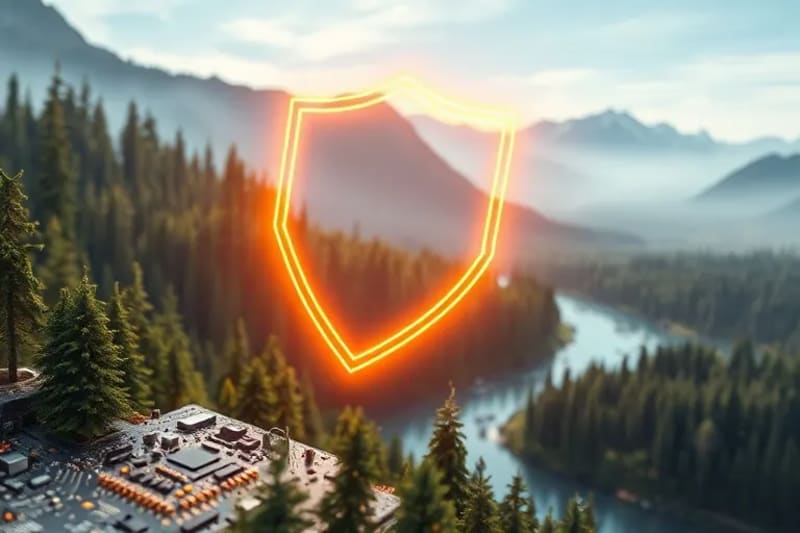 Red blockchain abstracta protegiendo un paisaje natural