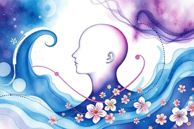 Pintura acuarela de ondas sonoras fluyendo alrededor de una cabeza humana, transformándose en motivos florales de sanación.